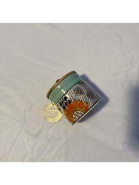 Handcrafted Indian Ceramic Floral Storage Jar Container w/ Wooden Lid